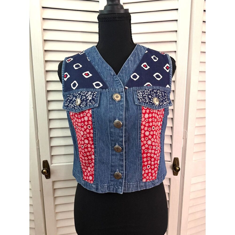 Vintage 90's Stonebridge Denim Patchwork Vest Petite Small USA Patriotic Cowgirl
